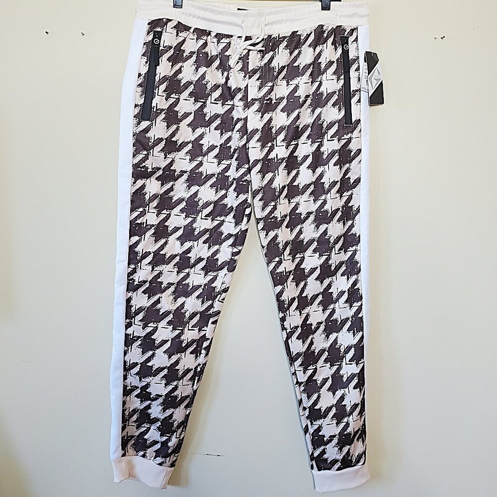 G-Net Men's Tan Houndstooth Printed Jogger Pants SZ XL